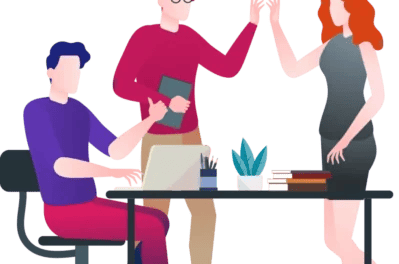 Three illustrated people collaborating in a primary care setting. One person sits at a desk with a laptop while two others stand and high-five. A plant and books are on the desk, adding to the cozy atmosphere.