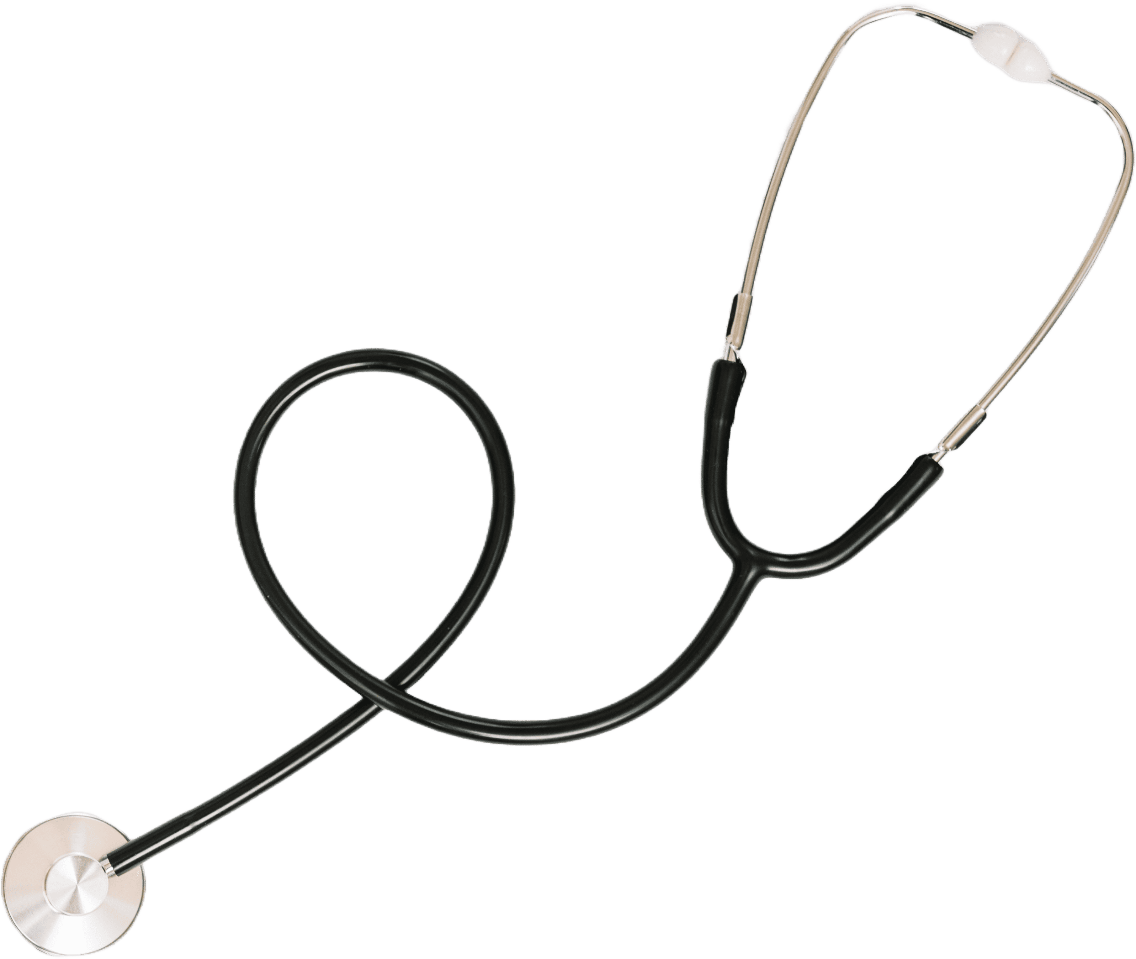 A black stethoscope with silver accents, featuring a chest piece and ear tips, coiled in a loop on a white background—an essential tool for Primary Care.