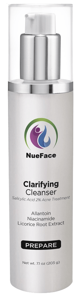 A bottle of NueFace Clarifying Cleanser with salicylic acid, allantoin, niacinamide, and licorice root extract. Net weight: 7.1 oz (203 g).