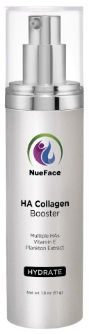 A silver bottle labeled "NueFace HA Collagen Booster" with a pump dispenser. It includes "Multiple HAs, Vitamin E, Plankton Extract" and the word "Hydrate" on the front.