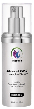 Silver bottle labeled "NueFace Advanced Ret5x + Bakuchiol Serum," featuring a pump dispenser and details about peptides, green tea polyphenols, and THD Ascorbate.